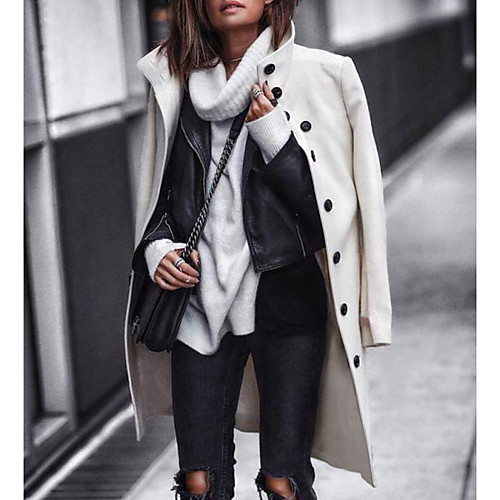 

Women's Daily Long Coat, Solid Colored Stand Long Sleeve Polyester White / Black