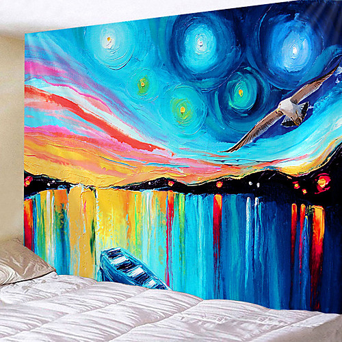 

Oil Painting Style Wall Tapestry Art Decor Blanket Curtain Hanging Home Bedroom Living Room Decoration Starry Night Beach Boat Bird