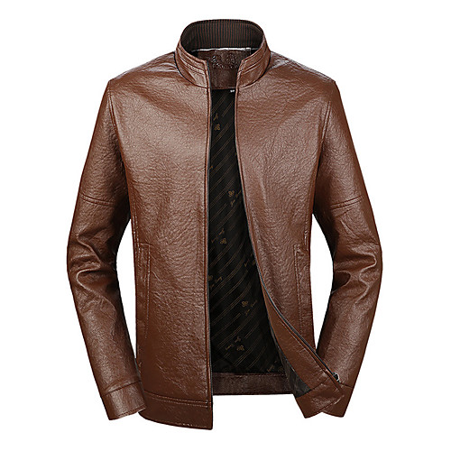 

Men's Solid Colored Winter Faux Leather Jacket Regular Daily Long Sleeve PU Coat Tops Black