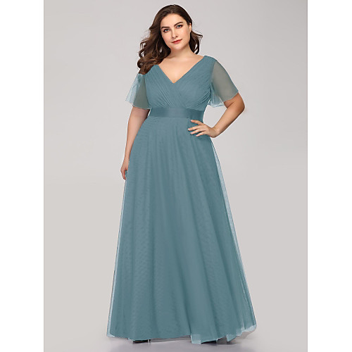 

A-Line V Neck Floor Length Tulle Bridesmaid Dress with Sash / Ribbon / Ruching / Butterfly Sleeve