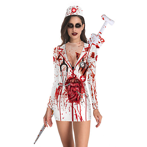 

Nurse Dress Adults' Women's Pattern Dress Vacation Dress Halloween Halloween Festival / Holiday Polyster White Women's Easy Carnival Costumes