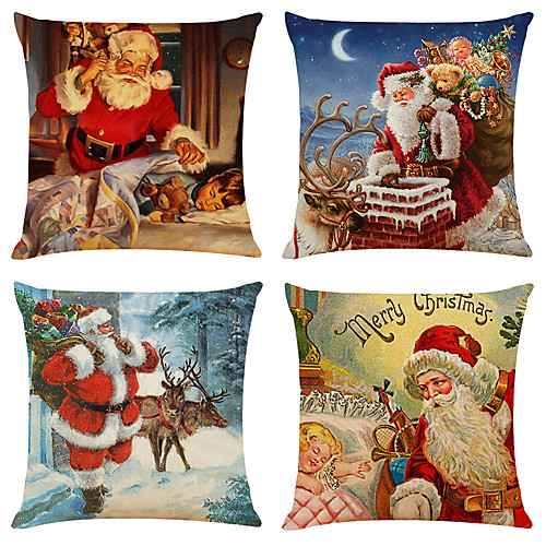 

Set of 4 Retro Santa Linen Square Decorative Throw Pillow Cases Sofa Cushion Covers 18x18