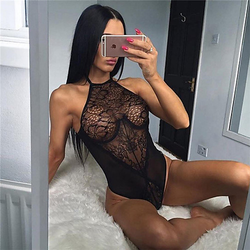 

Women's Lace Backless Cut Out Suits Nightwear Jacquard Solid Colored Black S M L