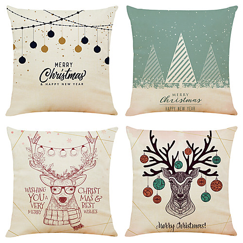 

Set of 4 Elk Christmas Linen Square Decorative Throw Pillow Cases Sofa Cushion Covers 18x18