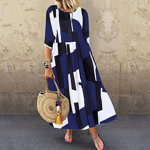 

Women's Maxi Shift Dress - 3/4 Length Sleeve Geometric Boho Daily Formal Loose Blue Blushing Pink Navy Blue M L XL XXL XXXL XXXXL XXXXXL