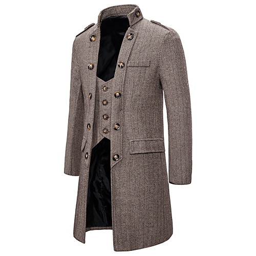 

Men's Daily Fall & Winter Long Coat, Solid Colored Stand Long Sleeve Polyester Dark Gray / Khaki