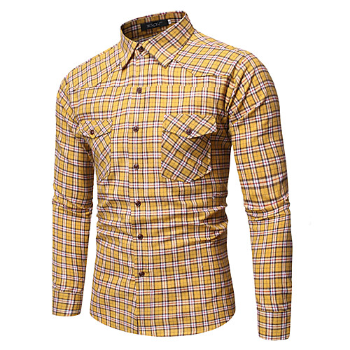 

Men's Shirt non-printing Houndstooth Long Sleeve Daily Tops Yellow Brown