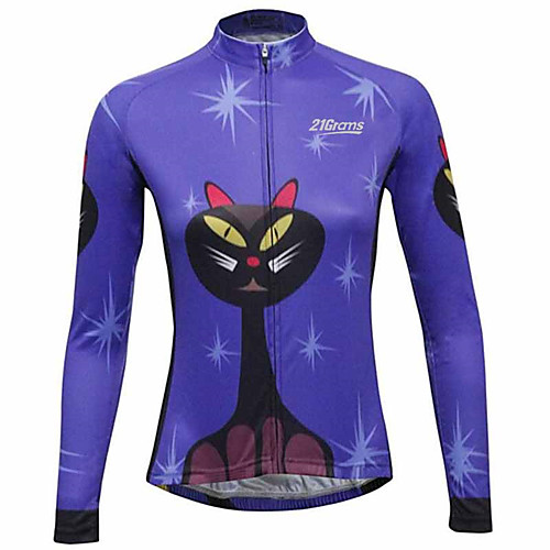 

21Grams Cat Animal Women's Long Sleeve Cycling Jersey - Black / Blue Bike Jersey Top Thermal / Warm UV Resistant Breathable Sports Winter Fleece 100% Polyester Mountain Bike MTB Road Bike Cycling