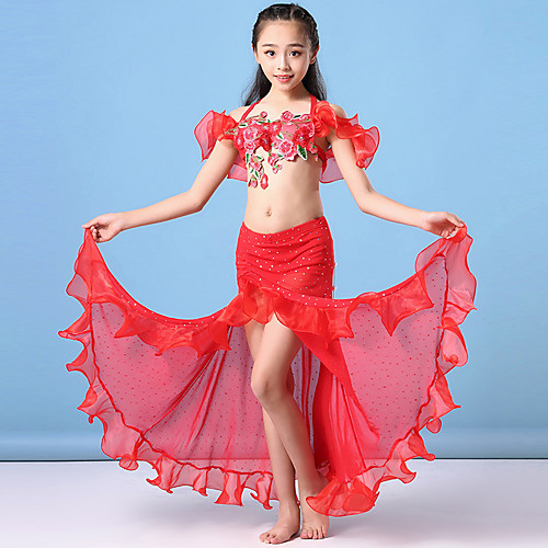 

Belly Dance Kids' Dancewear Skirts Bow(s) Split Embroidery Girls' Training Performance Short Sleeve Natural Mesh Chiffon
