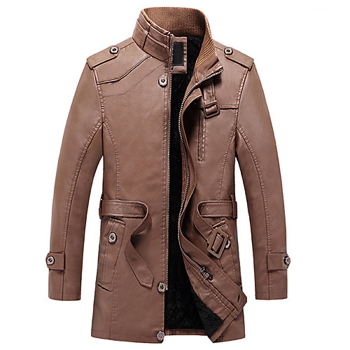 

Men's Solid Colored Winter Faux Leather Jacket Long Daily Long Sleeve PU Coat Tops Black
