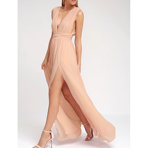 

A-Line Plunging Neck Floor Length Chiffon Bridesmaid Dress with Pleats / Split Front