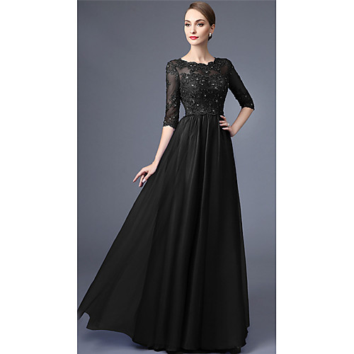 

A-Line Cut Out Sexy Formal Evening Dress Jewel Neck Half Sleeve Floor Length 30D Chiffon with Pleats Beading Appliques 2021