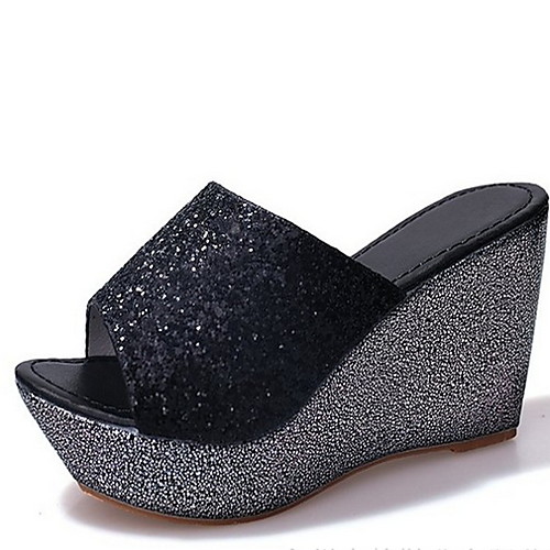 

Women's Sandals / Clogs & Mules Wedge Sandals Glitter Crystal Sequined Jeweled Summer Wedge Heel Open Toe Casual Basic Minimalism Daily Solid Colored Linen Black / Gold / Silver