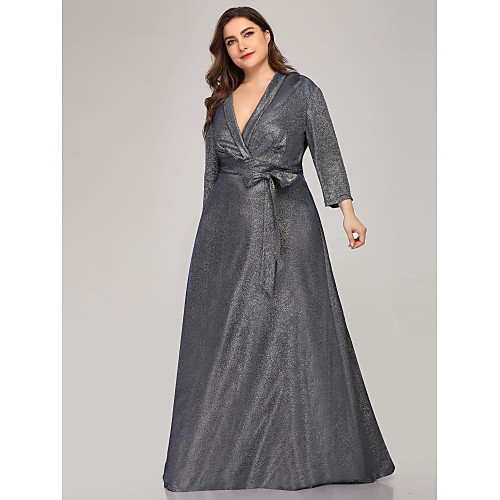 

A-Line Plus Size Party Wear Formal Evening Dress V Neck 3/4 Length Sleeve Floor Length Polyester with Sash / Ribbon 2021