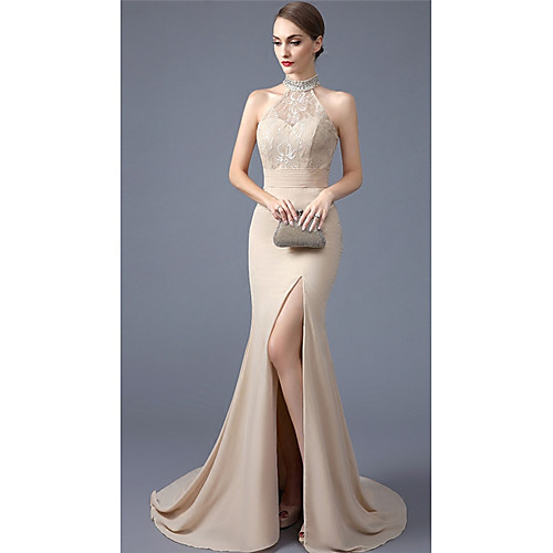 

Mermaid / Trumpet Sexy Open Back Formal Evening Dress High Neck Sleeveless Court Train Chiffon Lace with Ruched Crystals Beading 2021