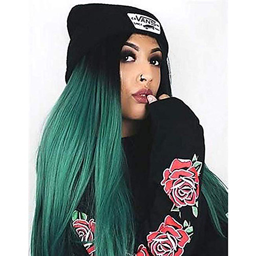 

Synthetic Lace Front Wig Straight Middle Part Lace Front Wig Ombre Long Black / Green Synthetic Hair 18-26 inch Women's Adjustable Heat Resistant Party Green Ombre