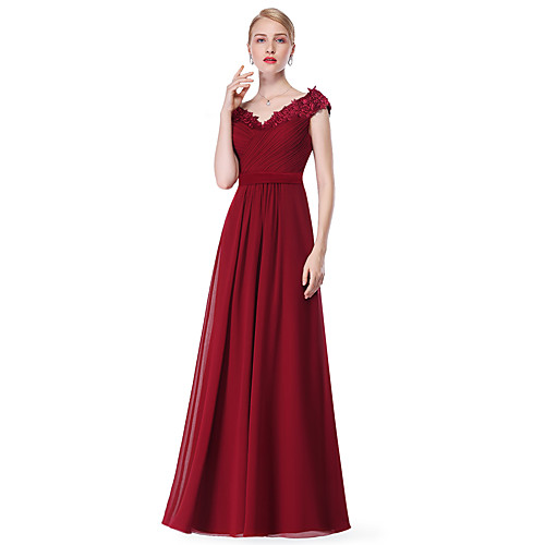 

A-Line Empire Wedding Guest Formal Evening Valentine's Day Dress V Neck Sleeveless Floor Length Chiffon with Appliques 2021