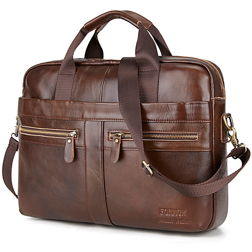 

Men's Official Cowhide Briefcase Messenger Bag Solid Color Brown