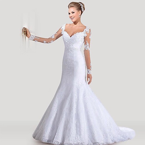 

Mermaid / Trumpet Wedding Dresses Sweetheart Neckline Court Train Lace Tulle Lace Over Satin Long Sleeve Sexy Backless Illusion Sleeve with Appliques 2021