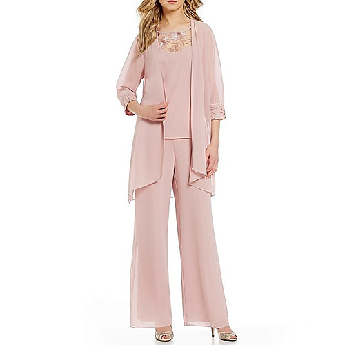 

Pantsuit / Jumpsuit Mother of the Bride Dress Jumpsuits Jewel Neck Floor Length Chiffon 3/4 Length Sleeve with Appliques Ruching 2021