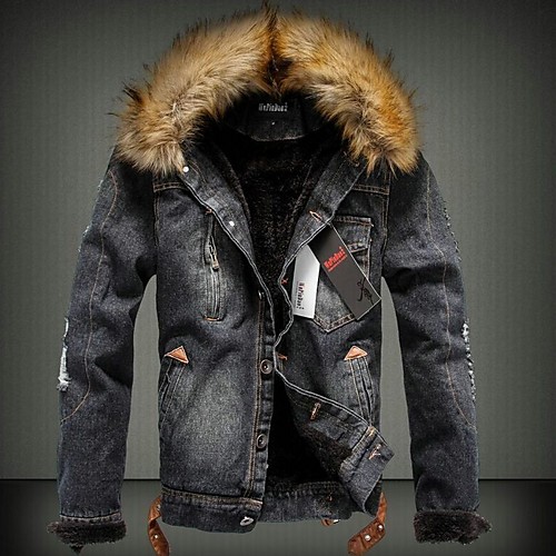 

Men's Daily Fall & Winter Regular Denim Jacket, Solid Colored Hooded Long Sleeve Polyester Black / Light Blue
