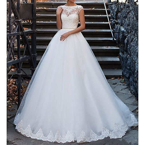 

A-Line Wedding Dresses Bateau Neck Sweep / Brush Train Lace Cap Sleeve Glamorous Vintage Illusion Detail Backless with Beading 2021