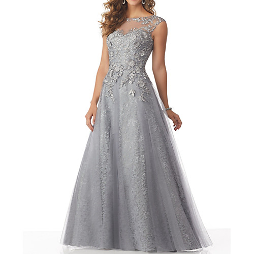 

A-Line Beautiful Back Formal Evening Dress Boat Neck Sleeveless Floor Length Lace Tulle with Beading Appliques 2021