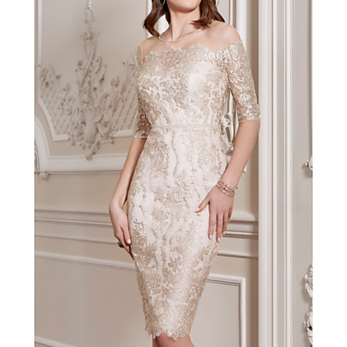 

Sheath / Column Mother of the Bride Dress Vintage Sexy Jewel Neck Knee Length Satin Half Sleeve with Appliques 2021