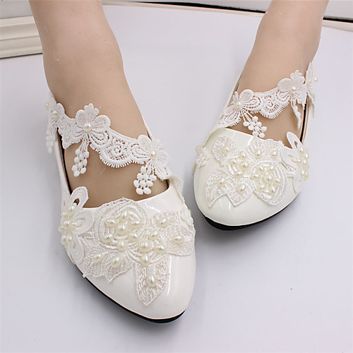 

Women's Wedding Shoes Mesh Flat Heel Closed Toe Sweet Wedding Lace PU Imitation Pearl Lace Solid Colored Summer White