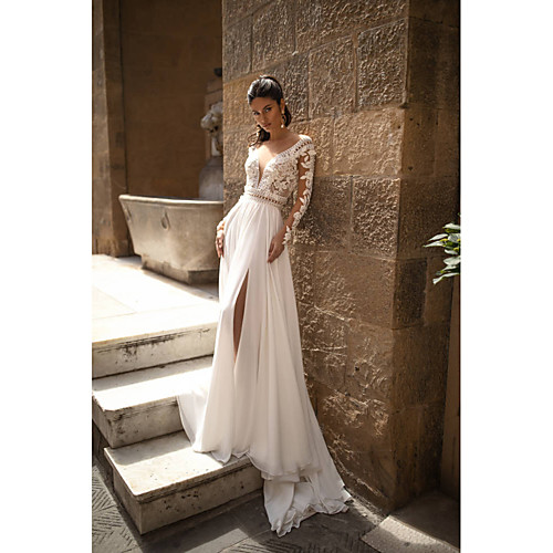 

A-Line Wedding Dresses V Neck Sweep / Brush Train Chiffon Lace Long Sleeve Romantic Backless Illusion Sleeve with Beading Appliques Split Front 2020