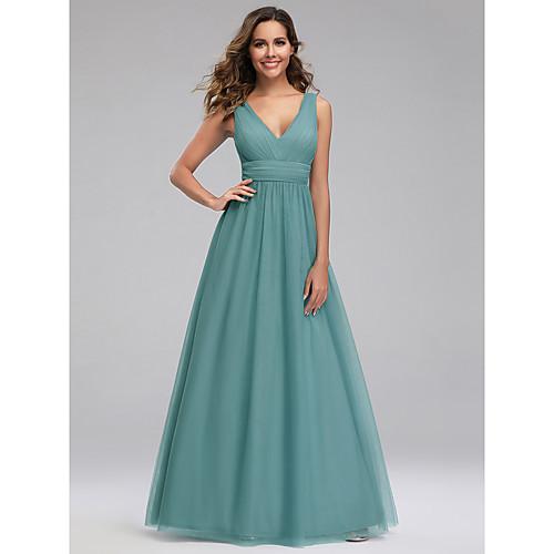

A-Line V Neck Floor Length Tulle Bridesmaid Dress with Ruching