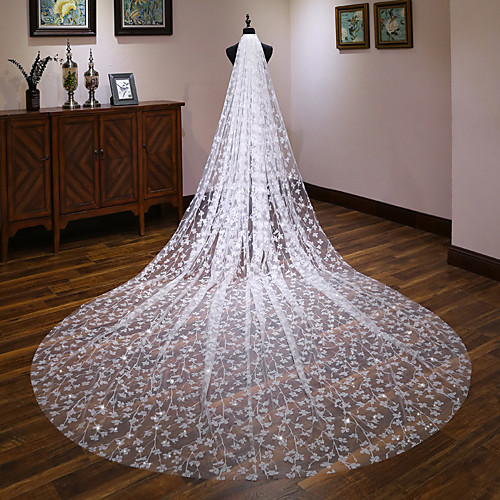 

One-tier European Style Wedding Veil Cathedral Veils with Trim 137.8 in (350cm) Lace / Tulle / Angel cut / Waterfall