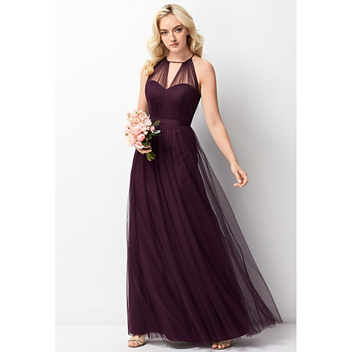 

A-Line Halter Neck Floor Length Chiffon / Tulle Bridesmaid Dress with