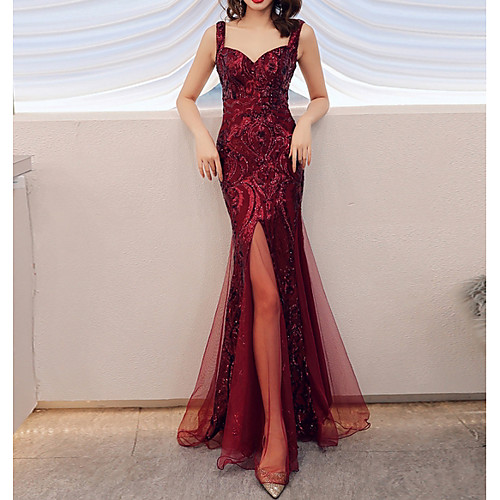 

Mermaid / Trumpet Sparkle Party Wear Prom Valentine's Day Dress Spaghetti Strap Sleeveless Floor Length Polyester with Sequin Split Front 2021
