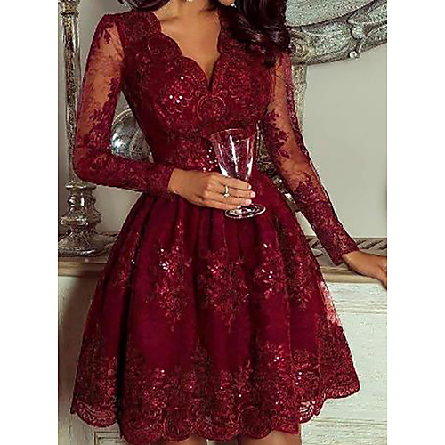 

Women's A Line Dress - Long Sleeve Floral Solid Color Sequins Deep V Elegant Cocktail Party Going out Birthday Wine M L XL XXL XXXL
