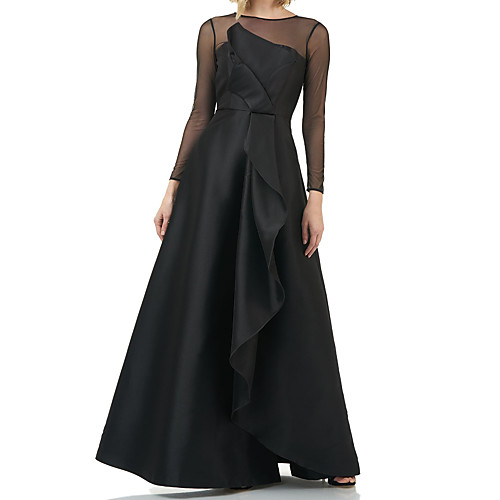 

A-Line Elegant Formal Evening Dress Jewel Neck Long Sleeve Floor Length Taffeta Tulle with Ruffles 2021