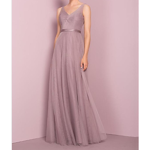 

A-Line V Neck Floor Length Tulle Bridesmaid Dress with Sash / Ribbon / Pleats