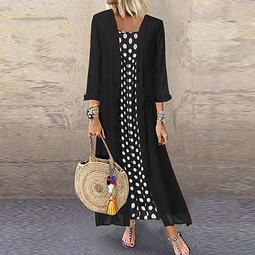 

Women's Two Piece Dress Maxi long Dress - Long Sleeve Polka Dot Print Casual Black Blushing Pink Orange S M L XL XXL XXXL XXXXL XXXXXL