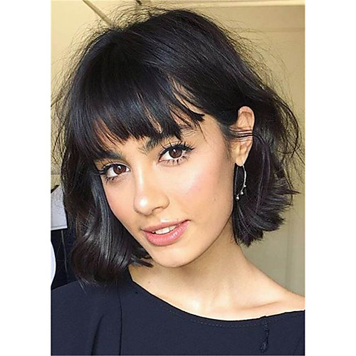 

Human Hair Blend Wig Medium Length Curly Natural Straight Pixie Cut Layered Haircut Asymmetrical Side Part Black Fashionable Design Adorable Comfortable Capless Women's All Natural Black 12 inch