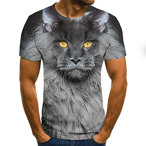 

Men's 3D Graphic Cat Print T-shirt Street chic Punk & Gothic Going out Club Round Neck Gray / Summer / Short Sleeve / Animal