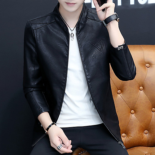 

Men's Solid Colored Winter Faux Leather Jacket Regular Daily Long Sleeve PU Coat Tops Black