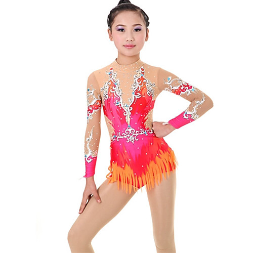 

Rhythmic Gymnastics Leotards Artistic Gymnastics Leotards Women's Girls' Leotard Blushing Pink Spandex High Elasticity Handmade Print Jeweled Long Sleeve Competition Ballet Dance Ice Skating Rhythmic