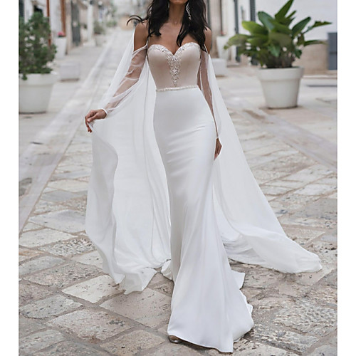 

Mermaid / Trumpet Wedding Dresses Sweetheart Neckline Sweep / Brush Train Polyester Long Sleeve Romantic See-Through Illusion Detail Backless with Crystals 2021