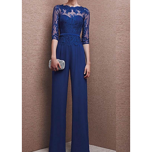 

Pantsuit / Jumpsuit Mother of the Bride Dress Elegant See Through Jewel Neck Floor Length Chiffon 3/4 Length Sleeve with Appliques 2020