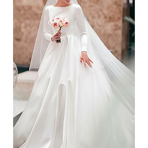 

A-Line Wedding Dresses Jewel Neck Court Train Satin Long Sleeve Simple Elegant with 2021