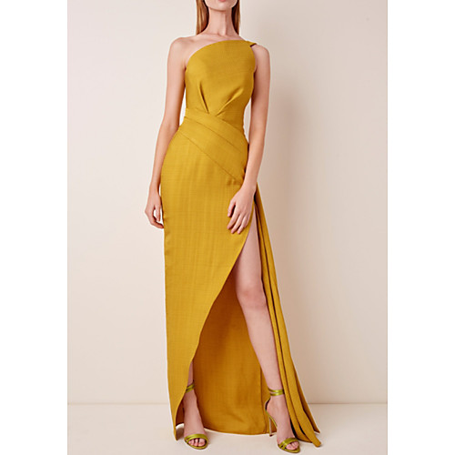 

Sheath / Column Minimalist Holiday Prom Dress One Shoulder Sleeveless Asymmetrical Satin with Split Front 2021