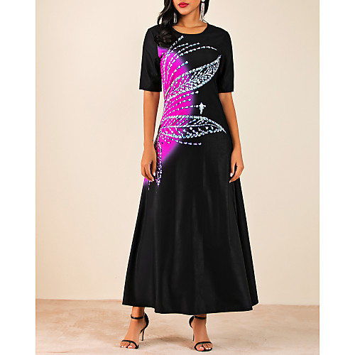 

Women's Maxi A Line Dress - Half Sleeve Color Block Black M L XL XXL XXXL