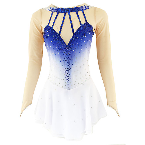 

21Grams Figure Skating Dress Women's Girls' Ice Skating Dress Blue Open Back Spandex Micro-elastic Training Skating Wear Classic Crystal / Rhinestone Long Sleeve Ice Skating Figure Skating