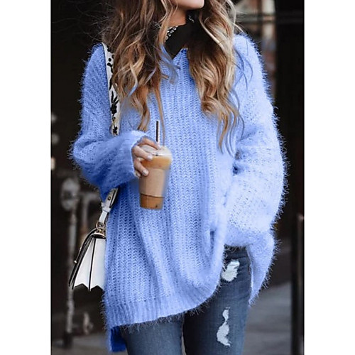 

Women's Basic Solid Colored Pullover Long Sleeve Plus Size Sweater Cardigans V Neck White Blue Blushing Pink