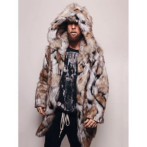

Men's Daily / Going out Basic Fall & Winter Regular Faux Fur Coat, Tie Dye Hooded Long Sleeve Faux Fur Brown